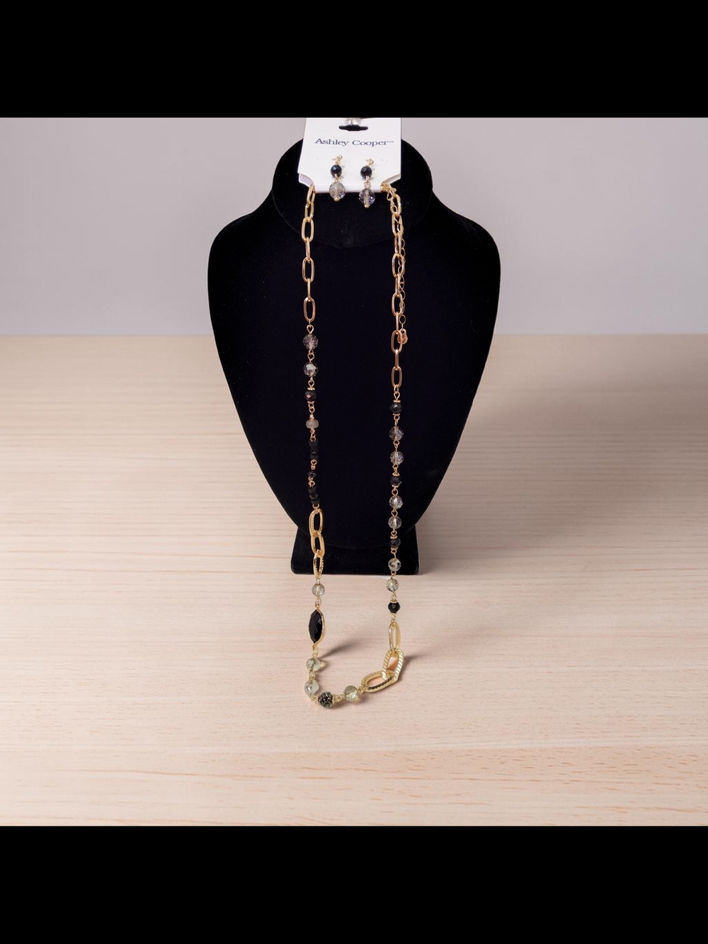 Ashley Cooper Gold with Black and Gray Bead Long Necklace